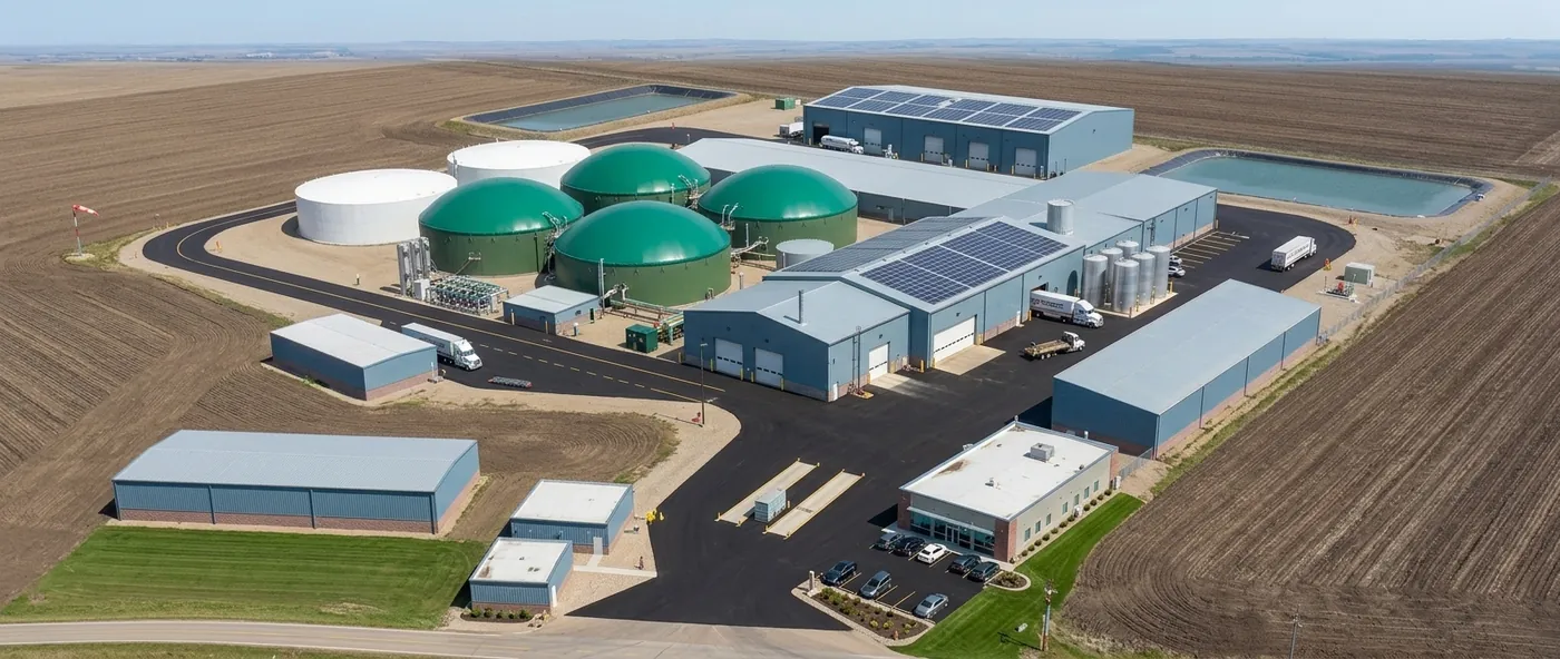 Vista aérea de un complejo de biogás con cuatro digestores y balsas